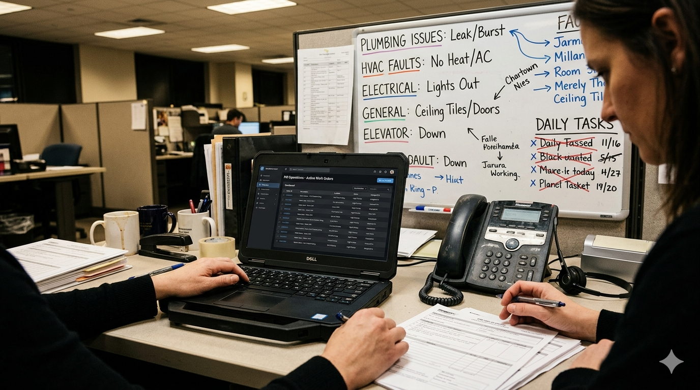 FM operations desk with laptop, fault category whiteboard, and desk phone